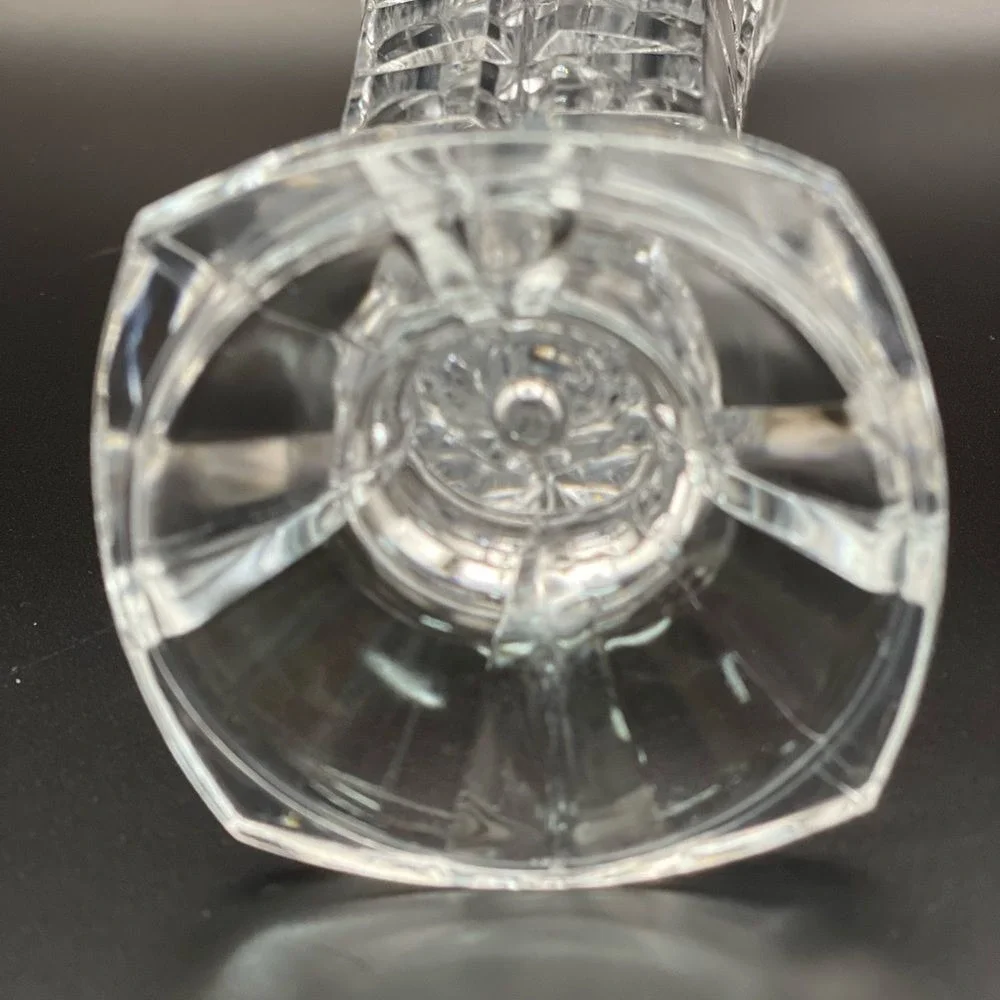 Vintage Clear Pressed Glass Footed Trumpet Bud Vase Cube Block Pattern 8.5”